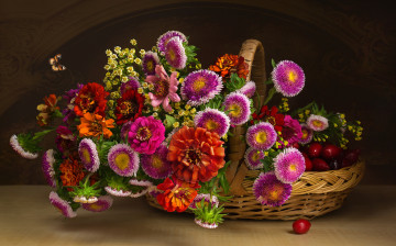 Картинка цветы букеты +композиции бабочка астры циннии шиповник плоды корзина