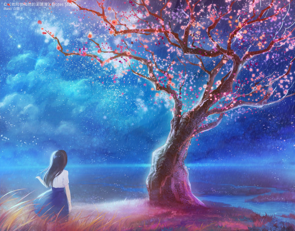 Обои картинки фото аниме, unknown,  другое, девушка, дерево