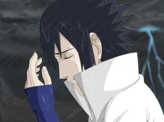 Обои картинки фото аниме, naruto, uchiha, sasuke, слезы, дождь, art, молния