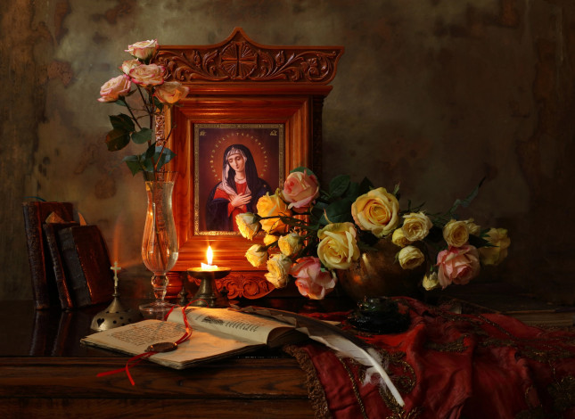 Обои картинки фото разное, религия, розы, цветы, still, life, андрей, морозов, andrey, morozov, свеча, книги, перо, ваза, икона