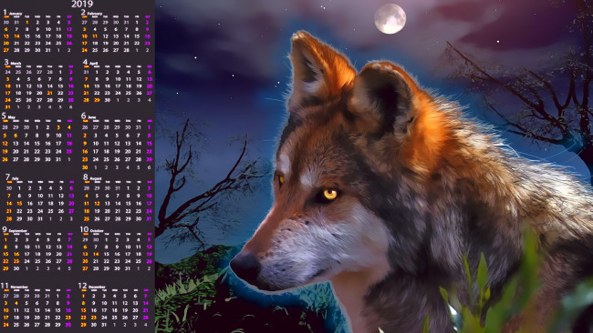 Обои картинки фото календари, рисованные,  векторная графика, волк, животное, природа, луна, хищник, calendar, 2019