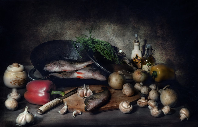 Обои картинки фото еда, натюрморт, перец, чеснок, рыба, шампиньоны, лук