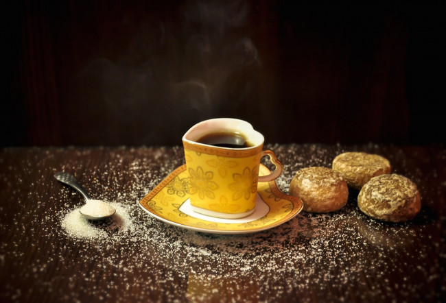 Обои картинки фото еда, кофе, кофейные, зёрна, сахар, печенье, чашка