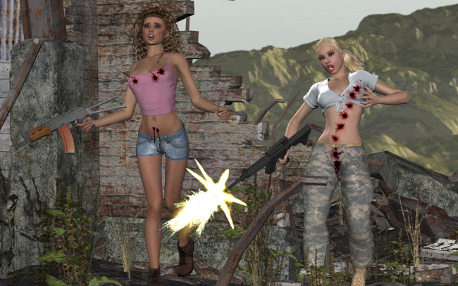 Обои картинки фото 3д графика, фантазия , fantasy, девушки, оружие, ранение