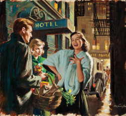 Картинка рисованное люди машина цветы корзина радость улица