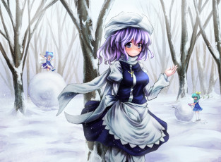 Картинка аниме touhou деревья зима парк взгляд фон