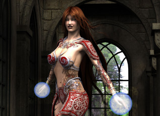 Картинка 3д+графика фантазия+ fantasy девушка взгляд шары рыжая фон
