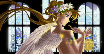 Картинка аниме sailor+moon девушка арт фонарь венок свет крылья спина волосы профиль взгляд