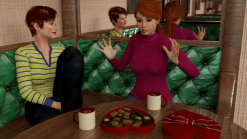 Картинка 3д+графика люди+ people взгляд стол фон конфеты девушки кофе