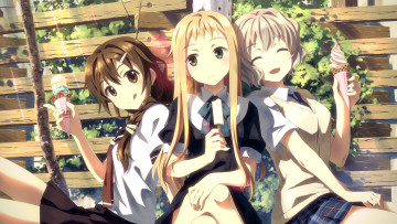 Картинка аниме yuuki+tatsuya+ artbook забор деревья солнце галстук бантик смех мороженое девушки форма лето листья