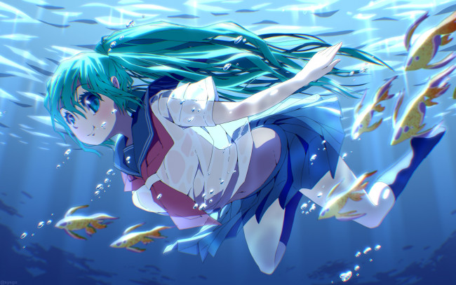 Обои картинки фото аниме, vocaloid, арт, девочка, hatsune, miku, вода