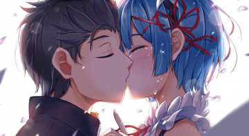 Картинка аниме re +zero+kara+hajimeru+isekai+seikatsu поцелуй парень фон взгляд девушка