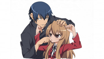 обоя аниме, toradora, парень, взгляд, фон, девушка