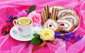 Картинка еда пирожные +кексы +печенье цветы вафли выпечка рулет flowers baking tea чай розы