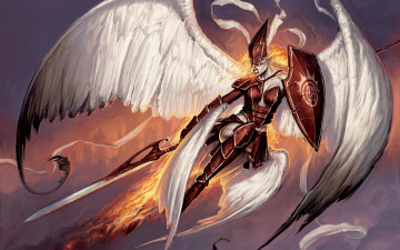 Картинка фэнтези ангелы щит ангел девушка копье крылья огонь