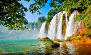 Картинка природа водопады красота горы леса водоем деревья водопад небо