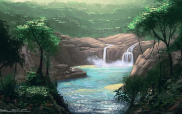 обоя рисованное, природа, деревья, лес, река, водопад