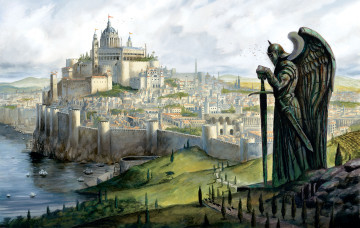 Картинка фэнтези иные+миры +иные+времена фон город статуя рыцарь