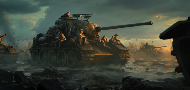 Обои картинки фото рисованное, армия, люди, фон, танк