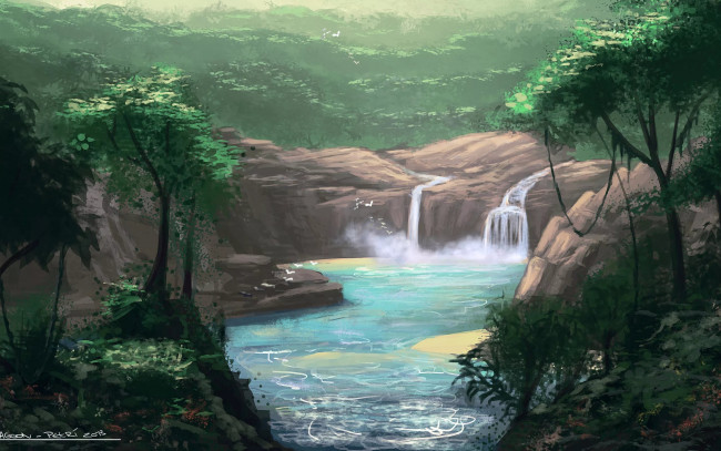Обои картинки фото рисованное, природа, деревья, лес, река, водопад