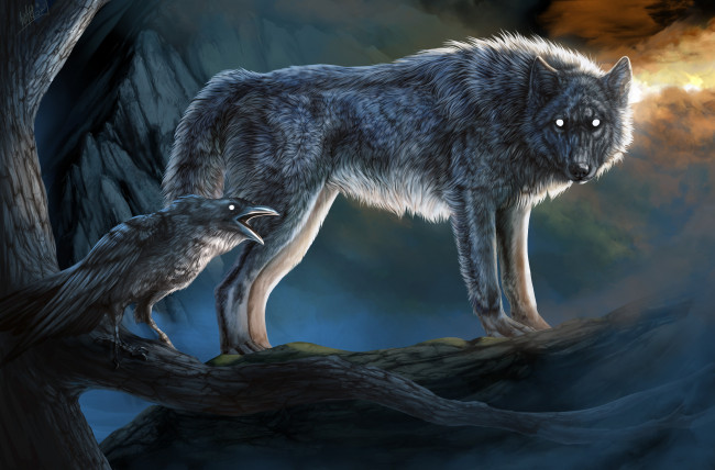 Обои картинки фото рисованное, животные,  волки, фон, волк, ворон, взгляд