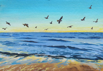 обоя рисованное, живопись, море, птицы