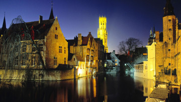 Картинка города брюгге+ бельгия канал дома вечер