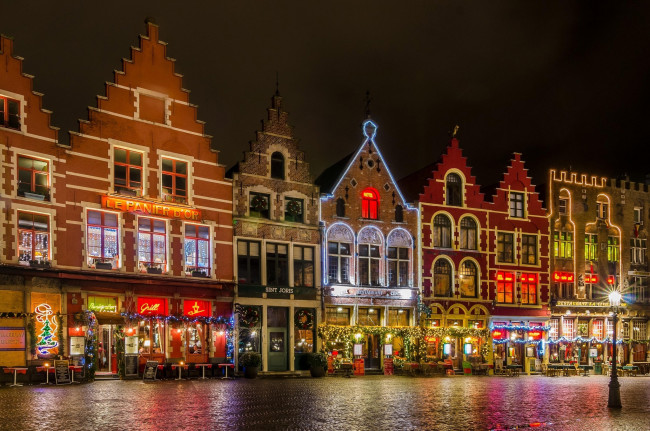 Обои картинки фото города, брюгге , бельгия, улица, вечер, огни, фонари, дома