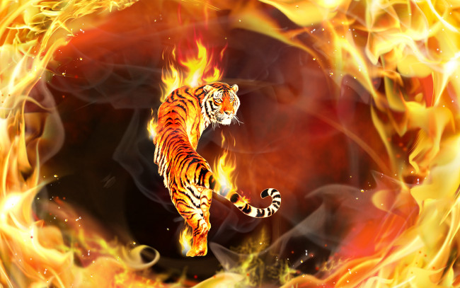 Обои картинки фото 3д, графика, animals, животные, тигр, пламя