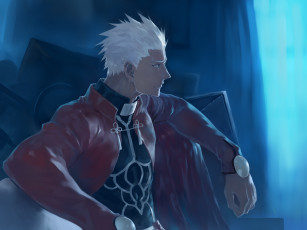 Картинка аниме fate stay+night белые волосы archer арт мужчина профиль