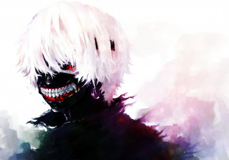 обоя аниме, tokyo ghoul, канеки, кен, art, kaneki, ken, токийский, гуль, anime, белые, волосы, красный, глаз, маска, tokyo, ghoul