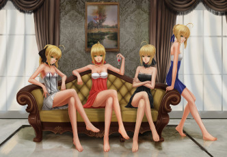Картинка аниме fate stay+night saber блондинки арт девушки занавески диван комната картина окна