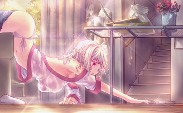 Картинка аниме fate stay+night телефон наушники цветы комната арт стол окно девушка плакат лестница кружка занавески