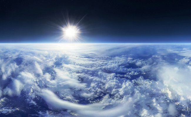 Обои картинки фото космос, земля, солнце, облака, стратосфера