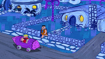 Картинка мультфильмы the+flintstones мужчина машина дом ночь пальма
