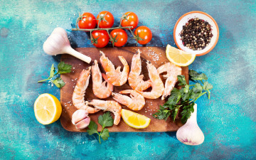 Картинка еда рыба +морепродукты +суши +роллы креветки специи чеснок петрушка помидоры лимон томаты