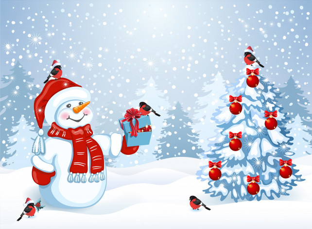 Обои картинки фото праздничные, векторная графика , новый год, снеговик, новый, год, праздник, елки, зима, снег