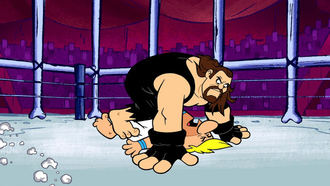 Обои картинки фото мультфильмы, the flintstones, мужчина, двое, борьба, ринг, клетка