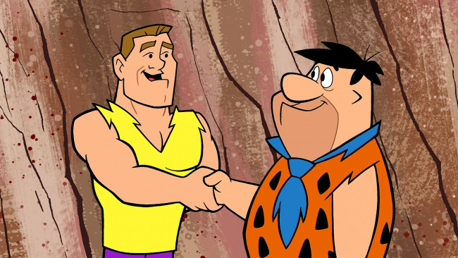 Обои картинки фото мультфильмы, the flintstones, мужчина, рукопожатие, двое