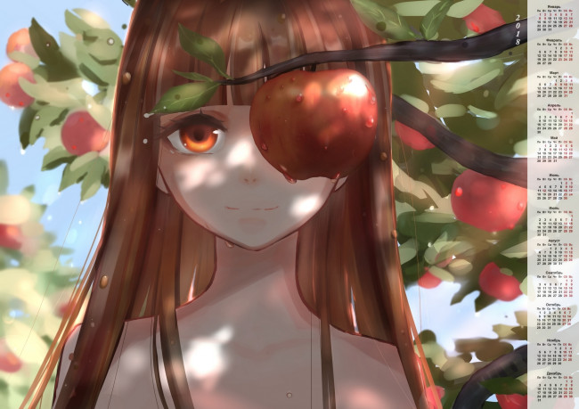 Обои картинки фото календари, аниме, дерево, взгляд, девочка, яблоко