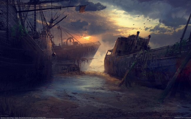 Обои картинки фото simon, weaner, рисованные, корабли, кладбище, кораблей