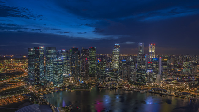 Обои картинки фото marina, bay, singapore, города, сингапур, панорама, бухта, ночной, город, небоскрёбы