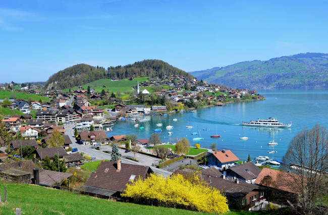 Обои картинки фото швейцария, берн, шпиц, города, пейзажи, дома, горы, озеро, суда