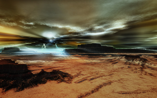 Обои картинки фото 3д графика, природа , nature, песок, молнии, облака