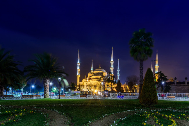 Обои картинки фото istanbul турция, города, - огни ночного города, дворец, турция, istanbul, огни, ночь, парк, пальмы