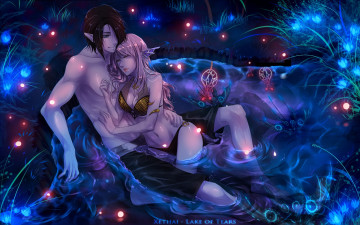 Картинка фэнтези эльфы арт пара озеро романтика огни парень девушка ночь