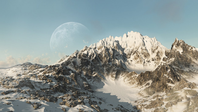 Обои картинки фото природа, горы, снег, скалы, луна, небо
