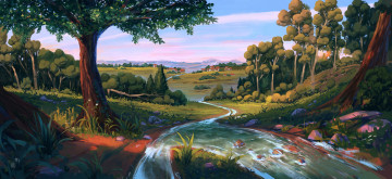 Картинка рисованное денис+истомин лес ручей долина дома