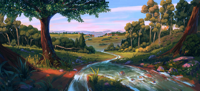 Обои картинки фото рисованное, денис истомин, лес, ручей, долина, дома