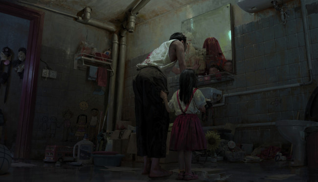 Обои картинки фото фэнтези, люди, мужчина, девочка, умывальник, зеркало
